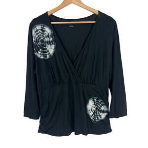 Soft Surroundings Womens L Boho Artsy Minimalist Black Tie-Dye Surplice Knit Top